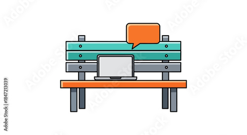 remote work laptop on park bench with chat bubble icon minimalist flat illustration for freelance coworking and digital nomad concepts