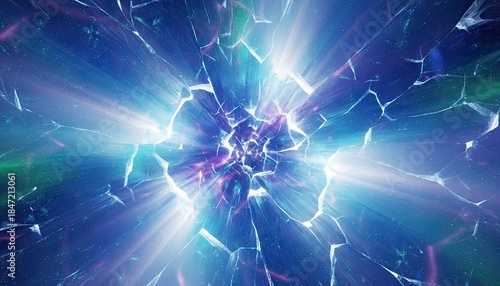Abstract Cosmic Explosion of Light and Particles Shattering Through Space With Bright Rays Shining Outward in Deep Blue and Purple Tones