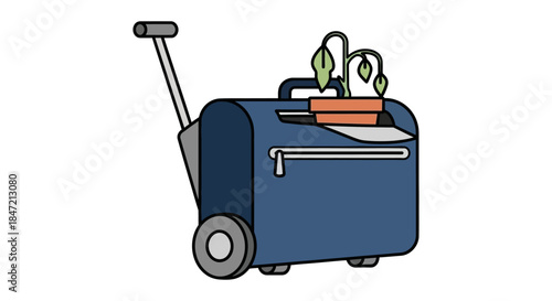 sad houseplant in suitcase illustration wilted potted plant packed in rolling luggage symbolizing business travel burnout and relocation stress