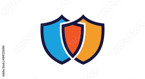 security shield logo icon with overlapping blue and orange badges on white background symbolizing data protection and online privacy