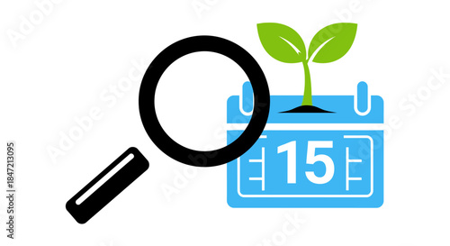search icon inspecting eco friendly event date with seedling growing on calendar page concept for earth day planning and reminders