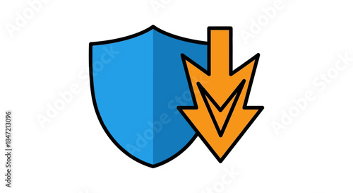 security shield icon with downward arrow showing protection level decrease flat vector illustration for antivirus risk and insurance warnings