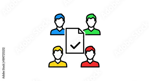 team collaboration icon with four diverse user avatars around a checklist document symbolizing online approval workflow and project management