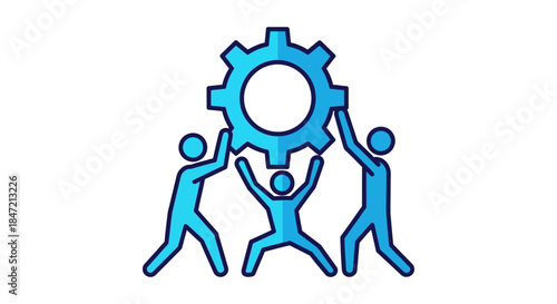 teamwork collaboration concept with three people lifting a gear icon together symbolizing project support partnership and shared success