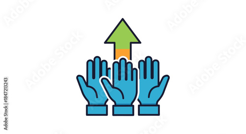 teamwork concept with raised hands and upward arrow icon illustrating collaboration volunteer support growth and business success