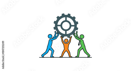 teamwork concept with three business people lifting a large gear together on white background symbolizing collaboration and project management