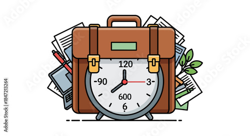 time management business concept with briefcase and stopwatch surrounded by office documents productivity and deadline planning illustration