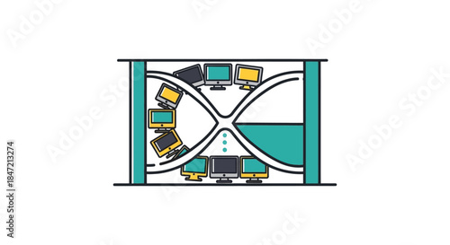 time management hourglass with computer screens illustrating digital productivity workflow and project deadline pressure concept