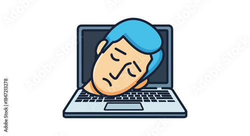 tired office worker with head on laptop keyboard cartoon illustration of burnout and screen fatigue for remote work and overtime stress