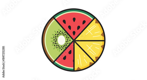 tropical fruit mix illustration of sliced kiwi watermelon and pineapple arranged in circular icon for summer menu and juice branding