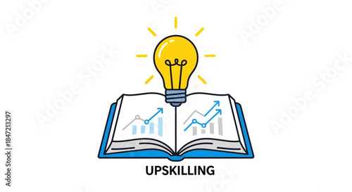 upskilling concept illustration with glowing lightbulb over open book and growth charts symbolizing employee training and career development