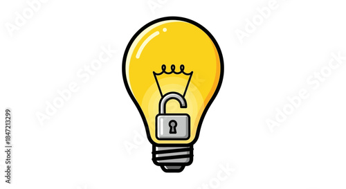 unlocked light bulb icon with open padlock symbolizing creative idea intellectual property access and innovation breakthrough concept