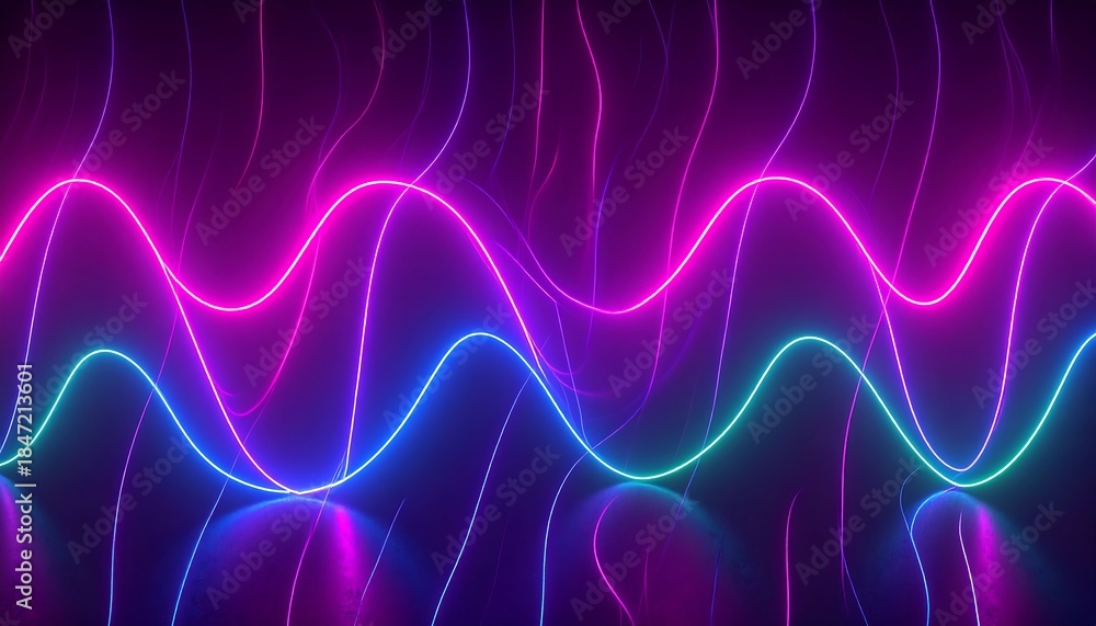 Obraz premium Abstract neon wavy lines in pink, blue, and teal, reflecting on a dark surface