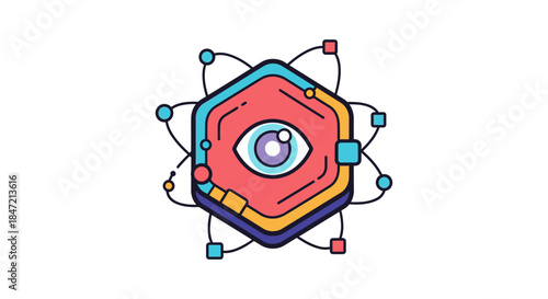 ai eye logo with abstract hexagon and orbiting nodes futuristic surveillance icon for machine learning security and biometrics apps