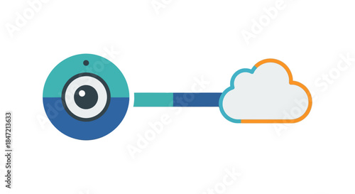 cloud security camera icon connecting to data storage cloud flat minimal surveillance illustration for online backup and privacy apps