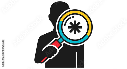 anonymous person holding magnifying glass with asterisk symbol flat vector illustration for search research privacy and data analysis