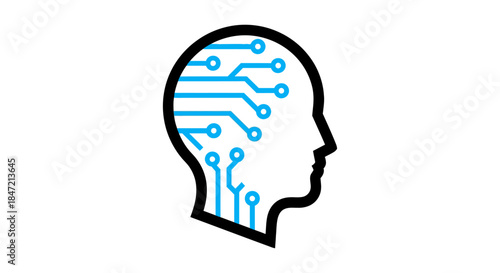 artificial intelligence brain icon with circuit board connections inside human head silhouette symbolizing machine learning and digital innovation