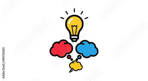 creative idea brainstorming concept with lightbulb and colorful thought clouds on white background innovation and design thinking graphic