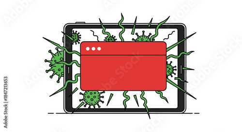 computer virus malware attack pop up window on tablet screen flat vector illustration for cybersecurity phishing and data protection