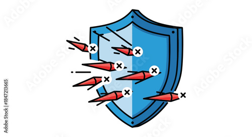 cybersecurity shield icon blocking arrows symbolizing data protection and firewall security risk prevention for network defenses