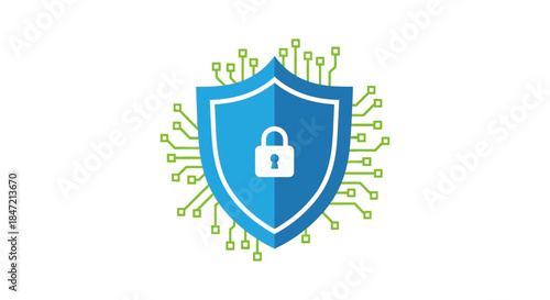 cybersecurity shield with padlock icon protecting digital data network flat vector illustration for internet privacy and data protection