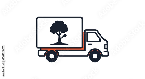 eco moving truck logo with tree icon on cargo box minimalist line art illustration for sustainable delivery and green logistics branding