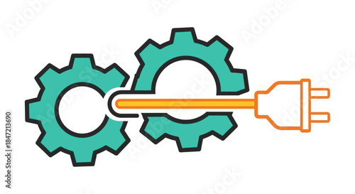 electric plug connecting two gear wheels in flat line style icon symbolizing energy efficiency automation and smart industry technology