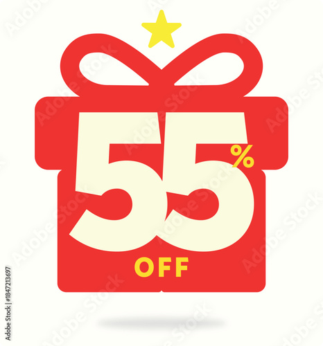 55% off, tree, party, star, light, annual, date, Christmas, gift, special, celebration, promo, sale,  Santa Claus, happy, New Year, vector, icon, set, shape. Season, offer, symbol, sticker