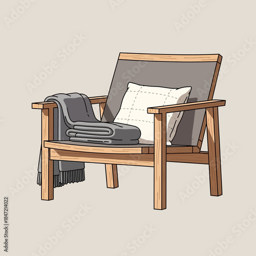 cozy modern wooden lounge chair with cushions and a blanket for relaxing indoor space