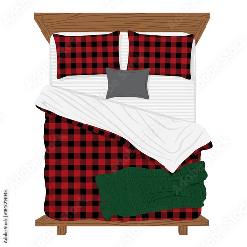Cozy rustic bedroom bedding with red black checkered comforter and assorted pillows and blankets