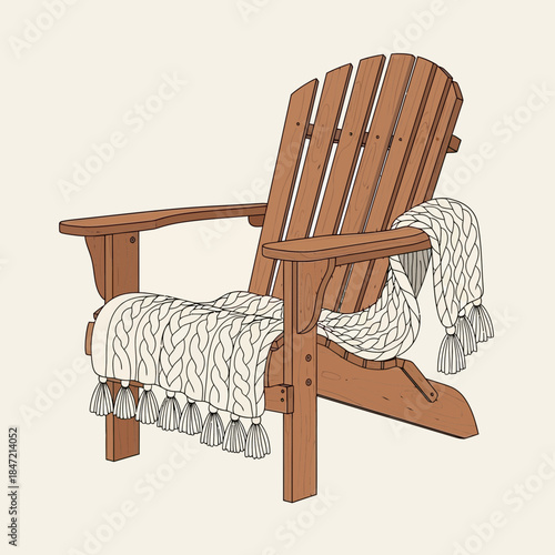 Cozy wooden Adirondack chair with throw blanket on a neutral background