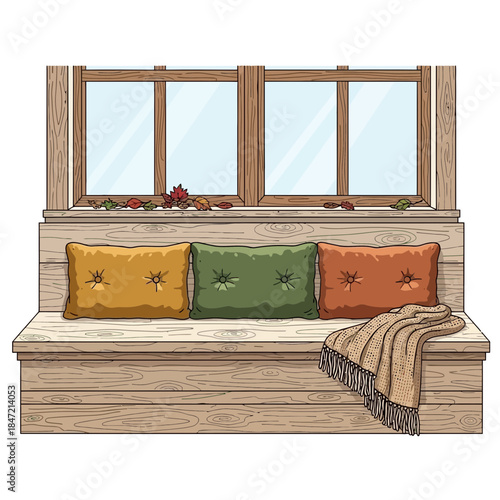 Cozy Wooden Window Seat with Vibrant Cushions and Warm Throw Blanket