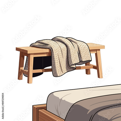 Cozy wooden bench with a layered blanket draped across the top for comfort and warmth