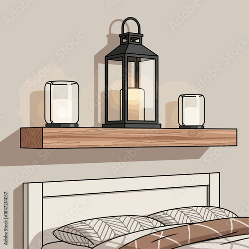 Decorative lanterns and candles on a minimalist wall shelf creating a cozy ambiance