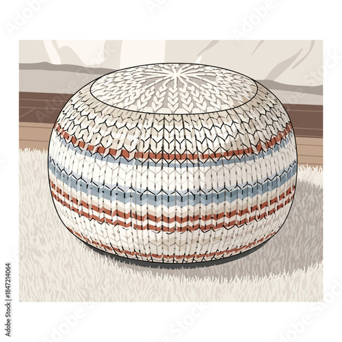Decorative woven textile pouf with intricate geometric patterns in neutral tones for modern home