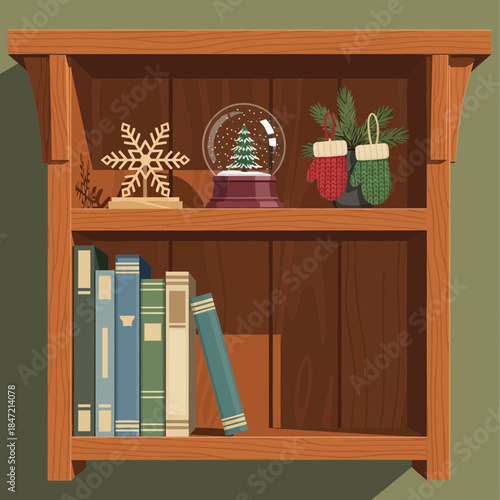 Decorative wooden bookshelf with holiday ornaments and scattered books for cozy home ambiance