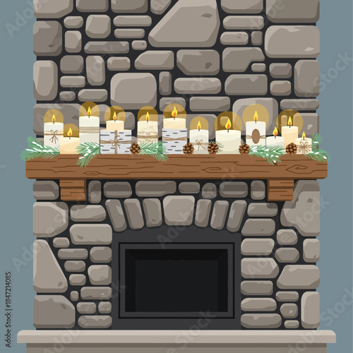 Festive Candle Display on a Rustic Stone Fireplace Mantel for Holiday Celebration