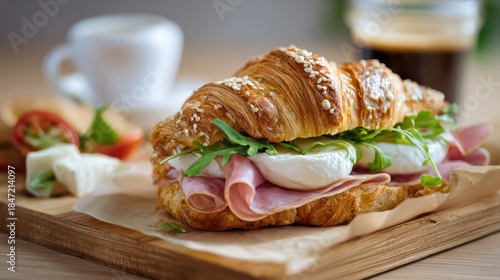 Delicious croissant sandwich with ham, mozzarella, and coffee close-up