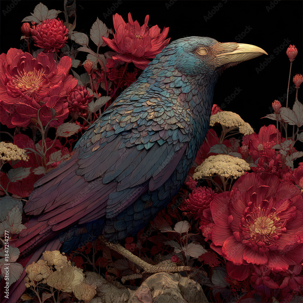 Obraz premium An artistic illustration of a raven perched among lush red flowers against a dark background 