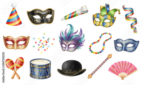 Watercolor Carnival Party Elements and Masquerade Accessories Set