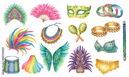 Watercolor Brazilian Carnival Costume Elements and Rio Festival Accessories