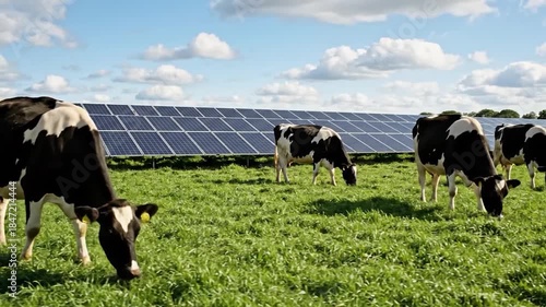Holstein cows graze lush green field with solar panels in background on a bright sunny day symbolizing sustainable farming and clean energy production