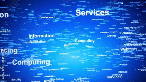 Network and word cloud on blue background of business and programming or computer science and marketing related words. 
