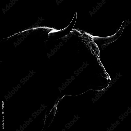 Black bull head silhouette illustration on a dark background in a clean vector style