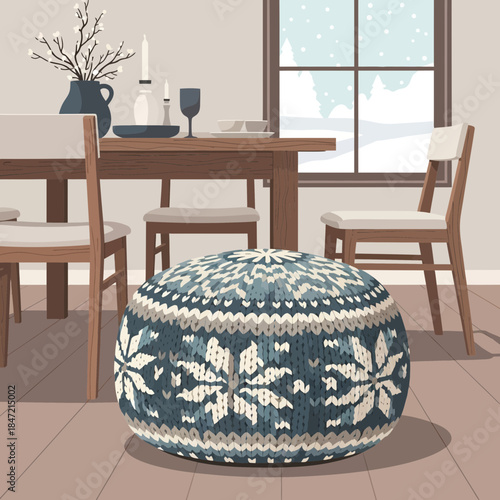 Cozy winter-themed knitted pouf in a bright dining room with snow outside