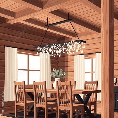 Cozy wooden dining room with natural light and modern chandelier for warm gatherings