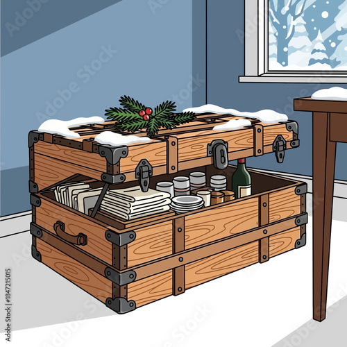 Decorative Wooden Chest Filled with Mugs and Plates Near Snowy Window Scene