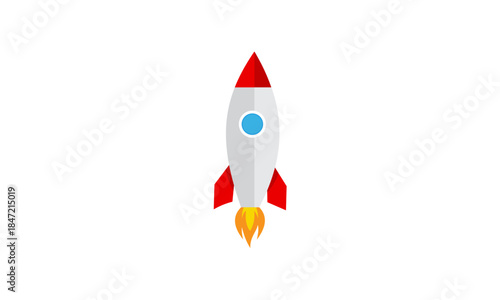 Cartoon rocket ship taking off with flames from its engine.