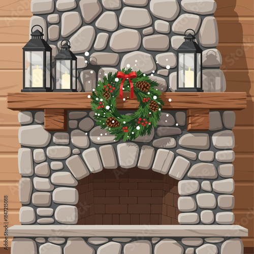 Festive Christmas Fireplace Mantel Decoration with Wreath and Lanterns Scene
