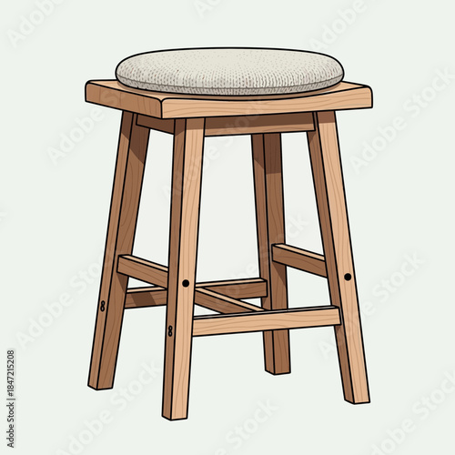 Simple wooden stool with cushioned seat suitable for rustic interior decor